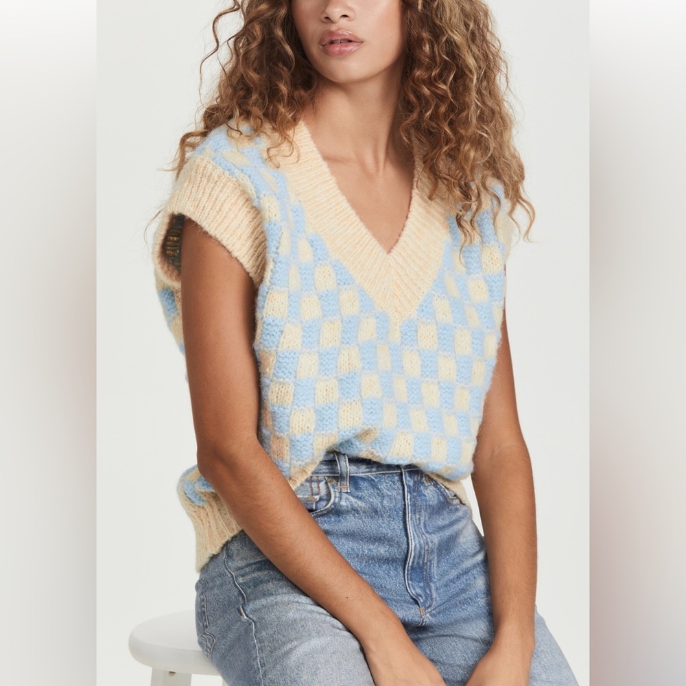 English Factory V-Neck Sweater Vest in Blue and Cream Checker
